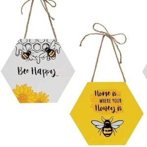 MeraVic Wooden Hexagonal Bee Sentiment Hanging Signs, Set of 2